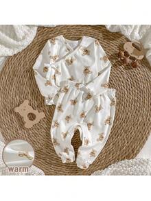 Loomiva Newborn Baby Girl Cartoon Bear Pattern Knitted Soft Crew Neck Raglan Long Sleeve Top And Elastic Waist Long Pants 2-Piece Set Baby Teddy Bear Outfit Neutral Baby Clothes Unisex - Multicolor - View 5