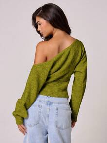 MUSERA 蓬松针织不对称领口收腰马海毛上衣，复古、可爱、乡村、田园风、休闲家居服，适合女士穿着，焦糖色晚宴派对优雅春季毛衣 - 軍綠色 - 查看 4