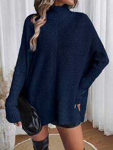 EMERY ROSE Áo len dài tay dáng rộng cổ lọ cánh dơi trơn màu thường ngày cho nữ, mùa thu/đông - Màu xanh hải quân - Xem 6