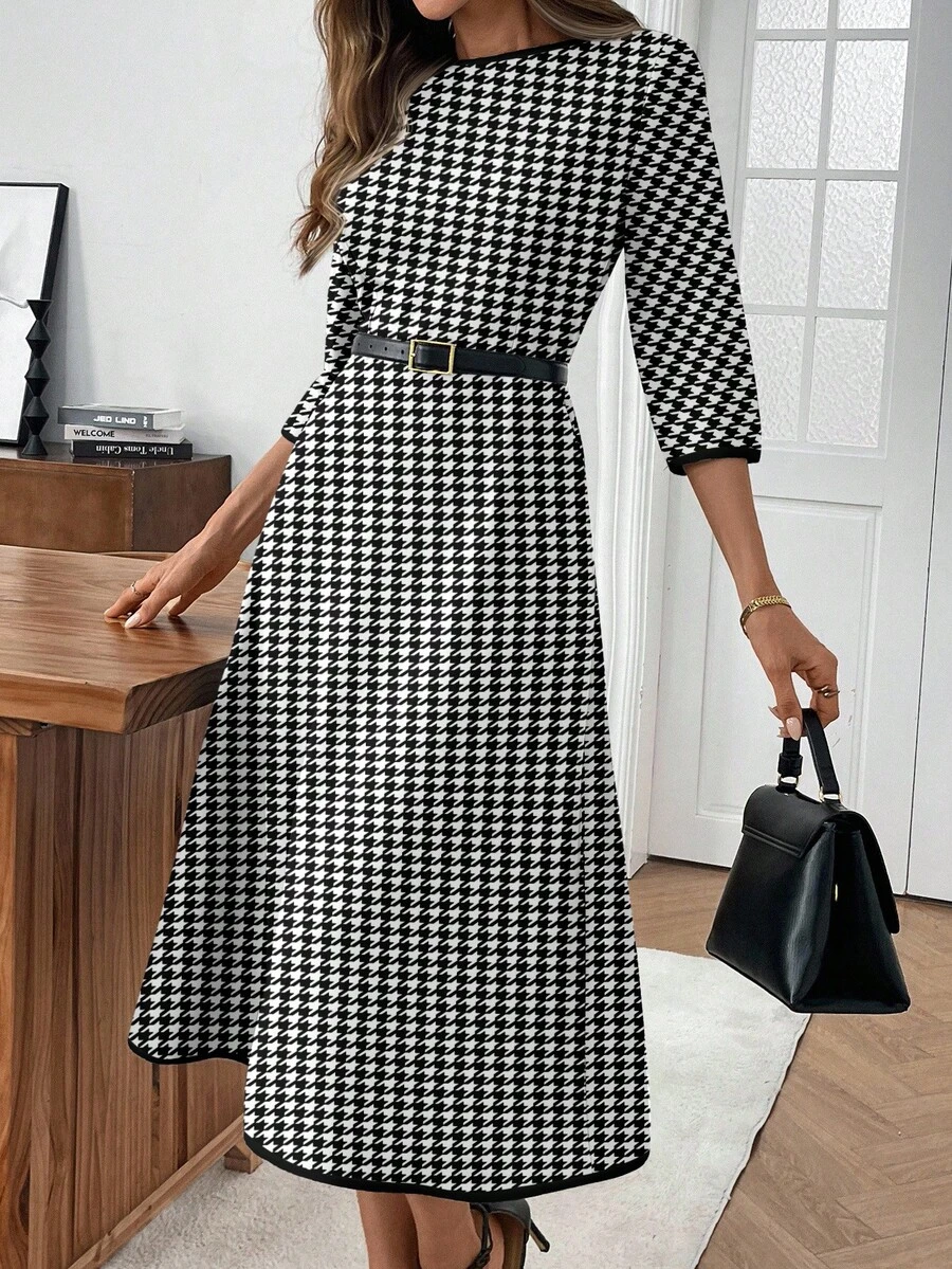 EMERY ROSE فستان كاجوال متوسط الطول للنساء بطبعة هندسية، مناسب للخريف/الشتاء، فستان مربعات للنساء، فستان عمل، فستان هندسي، فستان كاجوال للعمل، فستان متوسط الطول للنساء، فستان كاجوال للعمل