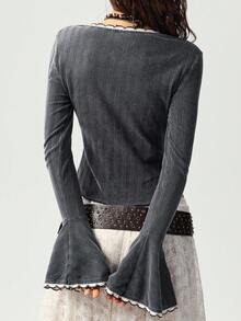 Bohemela Bluză casual pentru femei, din tricot solid, spălată, cu blocuri de culoare, potrivită pentru toamnă/iarnă, Halloween, festivaluri de muzică - Negru - Vizualizare 7