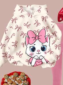 SHEIN Bộ đồ Happikins 2 món màu trắng kem và hồng kem gồm áo hoodie dài tay dày dặn mềm mại in hình mèo hoạt hình và nơ báo, cùng quần legging, thích hợp cho mùa thu và mùa đông. - Nhiều màu - Xem 4