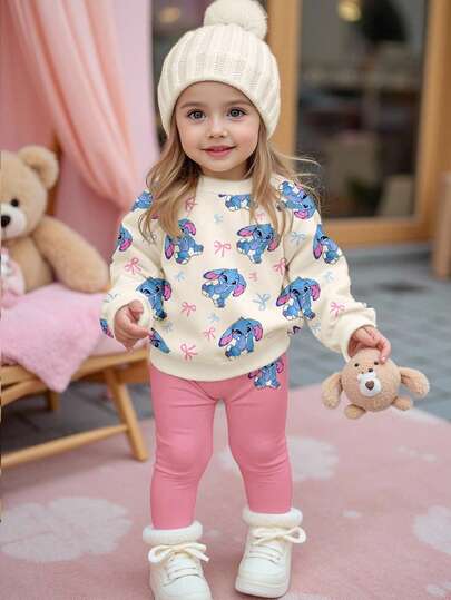 SHEIN 2 Stücke/Set Baby Mädchen süßer Cartoon Hase, Schleife, Stitch Grafik Muster Fleece Sweatshirt und Leggings Outfit, cremeweiß & rosa, weich, dick, warm Herbst/Winter Lässig Kleidung