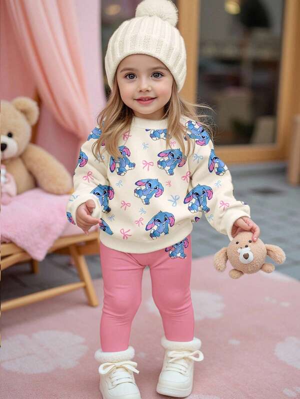 SHEIN 2 Stücke/Set Baby Mädchen süßer Cartoon Hase, Schleife, Stitch Grafik Muster Fleece Sweatshirt und Leggings Outfit, cremeweiß & rosa, weich, dick, warm Herbst/Winter Lässig Kleidung