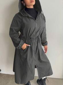 POPSWAY Áo khoác tay dài có mũ trùm đầu, túi khóa kéo phía trước cỡ lớn, có dây rút ở eo - Xám - Xem 4