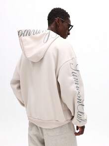 SUMWON Oversized Full Zip Hoodie With Script Print Casual Streetwear Sweatshirt,Suitable For Outdoor Music Festivals, Nightclubs, Bars, Boyfriend/Husband Gift, Anniversary Gift, Men Oversized Hoodie, Men Graphic Hoodie - White - View 3