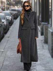 EMERY ROSE 花卉图案灰色缺角领单排扣优雅长款女士大衣