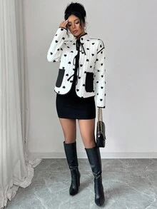 Elenzga Jaqueta Fashionável Feminina com Estampa de Coração e Cadarço, Inverno - Damasco - Visão 5
