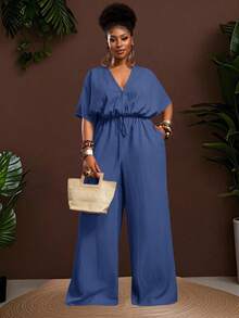 Veslaya Hàng mới về Thu Đông, Quần áo Thu/Đông nữ, Halloween, Lễ hội âm nhạc, Lễ Phục Sinh, Phong cách miền Tây, Phong cách du mục, Tiệc sinh nhật, Lễ tốt nghiệp, Trang phục học sinh, Thường ngày, Kỳ nghỉ, Du lịch tàu biển, Bãi biển, Tắm nắng, Thời trang, Bộ áo liền quần ống rộng màu trắng có họa tiết dành cho nữ cỡ lớn, eo rộng, ống đứng. - Màu xanh hải quân - Xem 16