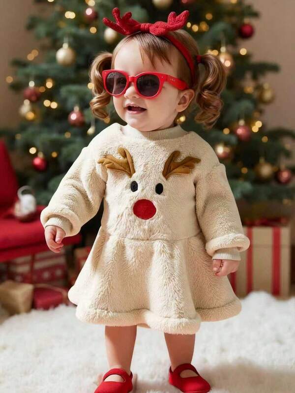 SHEIN Baby Girl Khaki Deer Pattern Casual Dress, Cute & Fashionable, Suitable For Outings, Parties, Autumn/Winter