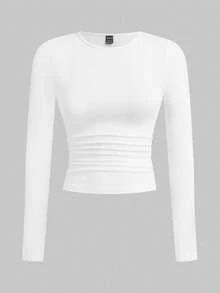 SHEIN EZwear Áo thun dệt kim dáng ôm màu trơn cơ bản dành cho nữ - Xám - Xem 5