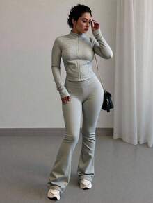 INAWLY 2件套灰色修身长袖上衣和喇叭裤 - 淺灰色 - 查看 1