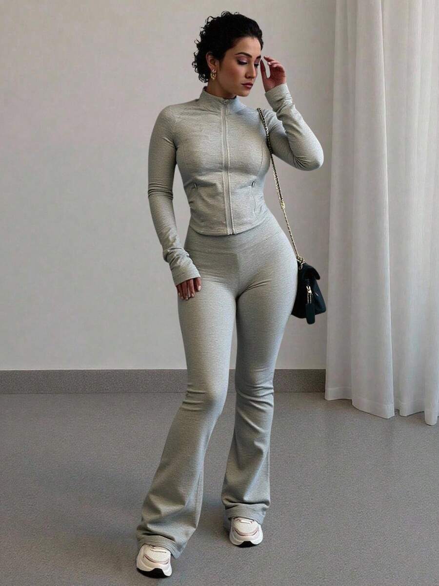 INAWLY 2件套灰色修身长袖上衣和喇叭裤 - 淺灰色 - 查看 1