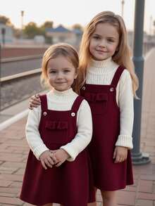 Emery Rose Kids Emery Rose Kids 小女孩/女婴 可爱酒红色灯芯绒连体裙 小女孩酒红色灯芯绒连体裙，配有荷叶边口袋和肩带 幼儿连体裙 婴儿酒红色连衣裙 栗色女童连衣裙 小女孩连体裙 灯芯绒连体裙