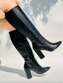 Botas altas de mujer estilo minimalista, punta fina, tacón grueso, para oficina y moda urbana - Negro - Ver 5