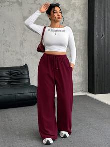 SHEIN EZwear Plus Size Burgundy Velvet Soft & Warm Casual Drawstring Loose Pants - Burgundy - View 4