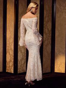 MOTF Soiréza ELEGANT FLORAL JACQUARD TEXTURED OFF SHOULDER FLARE SLEEVE FISHTAIL DRESS, SUITABLE FOR FORMAL OCCASIONS, PARTIES, GALAS - Apricot - View 4