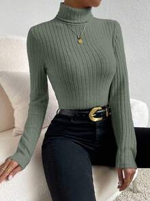 SHEIN Frenchy 长袖高领纹理面料 T 恤 - 墨綠色 - 查看 4