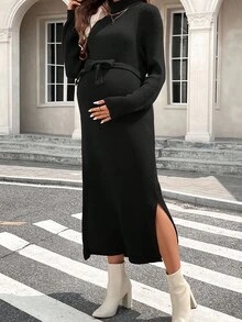 SHEIN Casual High Collar Dropped Shoulder High Slit Tie-Up Maternity Dress - Black - View 4