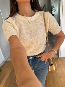 Serisse Women's Floral 3D Embellished Round Neck Short Sleeve Knit Top, Fashionable For Autumn,Mesh Floral Three-Dimensional Embroidery Spliced Sweater Top,Mesh Floral Three-Dimensional Embroidery Spliced Sweater Top,Lace Embroidered Patchwork Sweater Top,Sequin Floral Embroidered Short-Sleeve Sweater,Shiny Short-Sleeve Sweater Top,Cream Yellow Sweater Top, Chic Top,Autumn Clothes For Women,Women's Winter Sweater Vest,Warm Sweater Vest,French Style Clothes, Christmas Sweater Vest,New Year Outfit,Casual Outfit For Women,Vintage, Minimalist, Commuter, Office, Perfect For Everyday Wear Summer