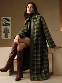 Anewsta Women's Elegant Classic Vintage Plaid Patchwork PU Leather High Collar Long Loose Wool Coat, Suitable For Halloween, Christmas, Fashion - Green - View 3