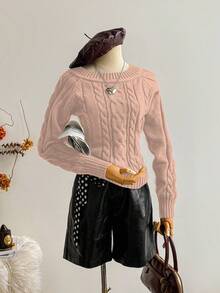 SHEIN LUNE 女式简约时尚棕色粗针织露肩长袖套头衫，秋冬 - 粉色 - 查看 4