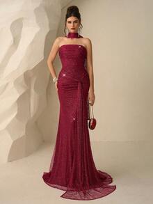 Coutiva 秋冬优雅亮片抹胸性感露背下摆扭褶修身鱼尾裙，适合音乐节、生日派对、情人节、圣诞节、婚礼宾客礼服、半正式礼服、毕业典礼 - 酒紅色 - 查看 9