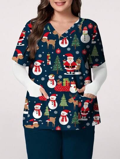 PopScrub Damen Oversize Scrub Uniform Oberteil mit V-Ausschnitt und Kurzarm, Muster mit Weihnachtsmann, Rentier & Schneemann
