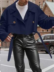 Manfinity Homme 男士前扣长袖口袋简约休闲风衣，外穿法兰绒短款风衣，适合送给朋友、老公、男朋友的礼物 - 藏蓝色 - 查看 1