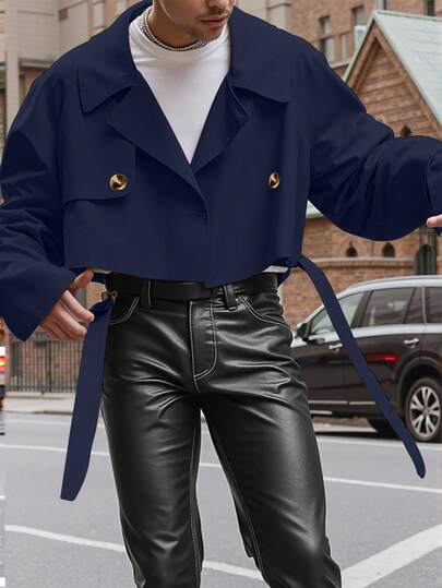 Manfinity Homme 男士前扣长袖口袋简约休闲风衣，外穿法兰绒短款风衣，适合送给朋友、老公、男朋友的礼物