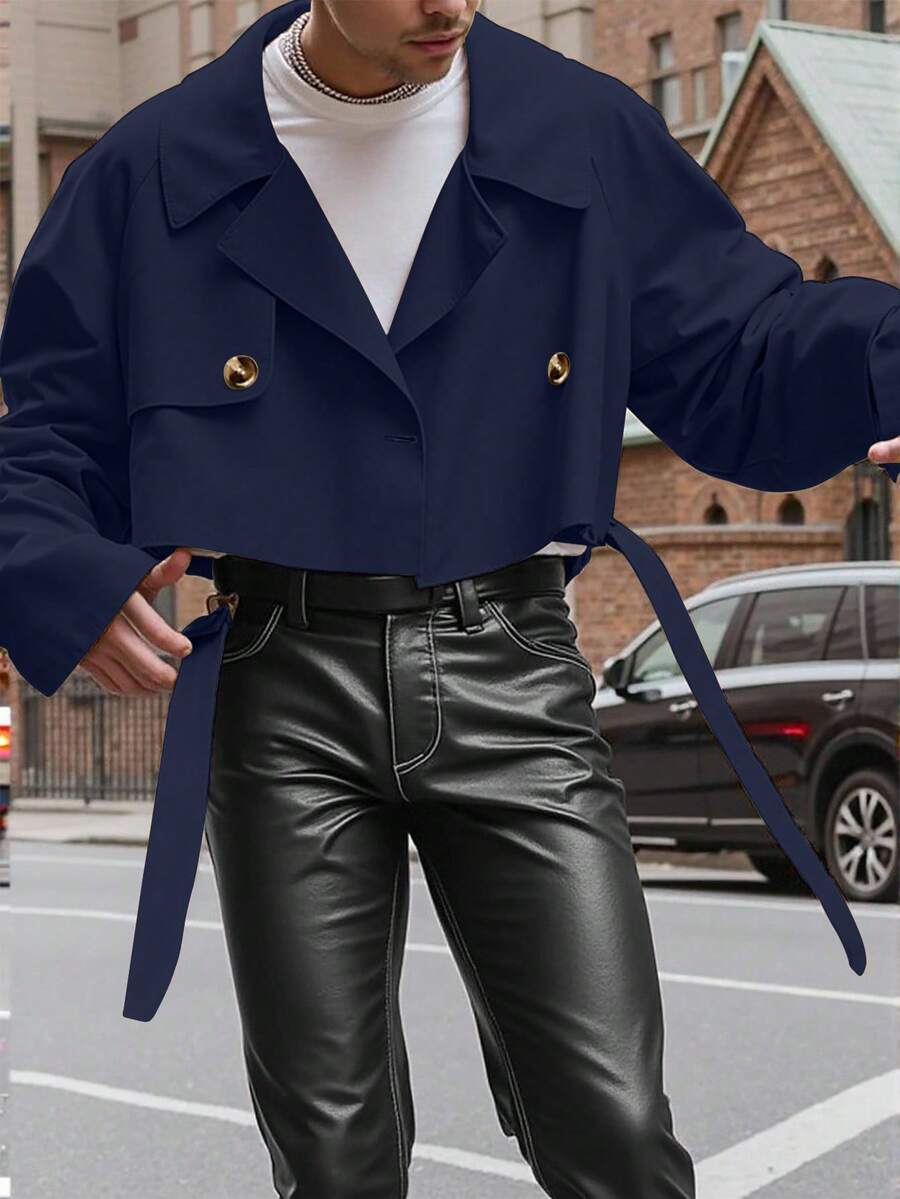 Manfinity Homme 男士前扣长袖口袋简约休闲风衣，外穿法兰绒短款风衣，适合送给朋友、老公、男朋友的礼物 - 藏蓝色 - 查看 1