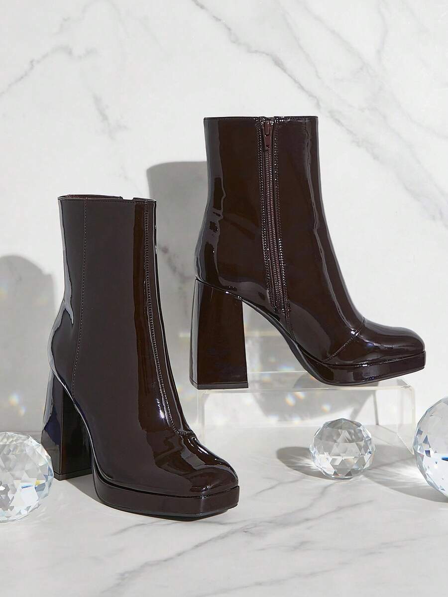 SHUZIA Giày bốt cổ cao đế xuồng thời trang bằng da PU sáng bóng thoải mái cho nữ - màu nâu - Xem 1