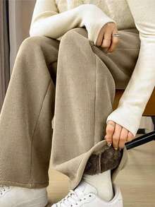 INAWLY Quần ống đứng dáng rộng, lót nhiệt dày mới, thu/đông - Màu Khaki - Xem 4