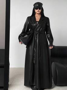 Sunspun Plus Size Stand Collar Belt Tied Pockets Long Sleeve PU Trench Coat Fall Winter Cloth For Women Autumn - Black - View 5