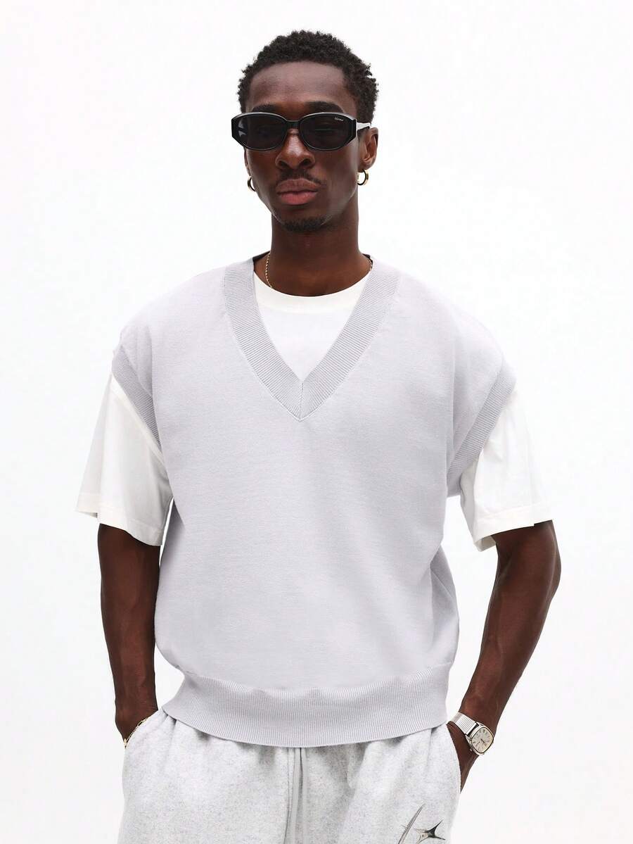 SUMWON Chaleco de punto de cuello en V sin mangas para primavera y verano, ideal para capas casuales - Gris - Ver 1