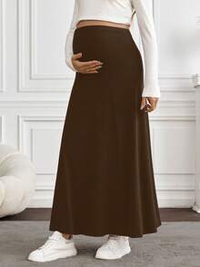 SHEIN Maternity Casual Solid Color Long Skirt, Versatile For Autumn - Mocha Brown - View 5