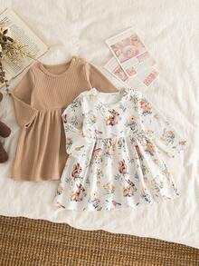 SHEIN 2pcs/Set Newborn Baby Girls Cute Pattern & Solid Color Snap Shoulder Round Neck Long Sleeve Dress, Versatile For Everyday Wear - Multicolor - View 1