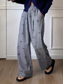 DAZY 条纹蝴蝶结图案宽松女士睡裤，冬季 - 灰色 - 查看 4