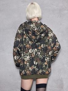 ROMWE Avant Áo nỉ rộng thùng thình in hình đầu lâu và họa tiết rằn ri theo phong cách Y2K Subculture Baddie. - xanh quân đội - Xem 3