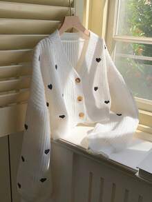 Comfortcana 女士休闲黑色心形图案超大落肩长袖薄款开衫，针织毛衣，秋冬 - 白色 - 查看 7