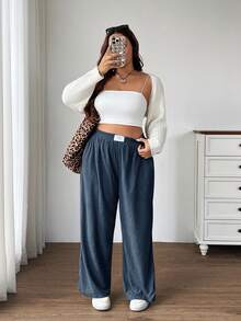 SHEIN EZwear Quần ống rộng cạp cao dáng rộng cỡ lớn dành cho nữ, chất liệu vải nỉ có túi và miếng vá, phù hợp mặc ở trường học, mặc hàng ngày, làm việc trong nhà, màu xanh nhạt, thu/đông - Màu xanh bụi bặm - Xem 6