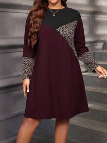 SHEIN LUNE Casual Plus Size Women's Burgundy Long Sleeve Short Dress With Round Neck And Leopard Print In Knitted Fabric Perfect For Fall Cheetah Dress For Women Fall Dresses For Women Leopard Dress Plus Size Autumn Dress Long Sleeve Dress - Burgundy - View 1