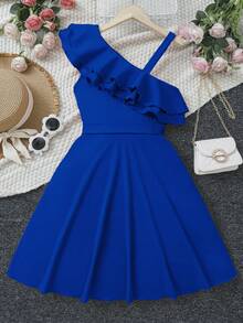 SHEIN Teen Girl's Ruffle Hem Asymmetrical Shoulder Dress - Royal Blue - View 6