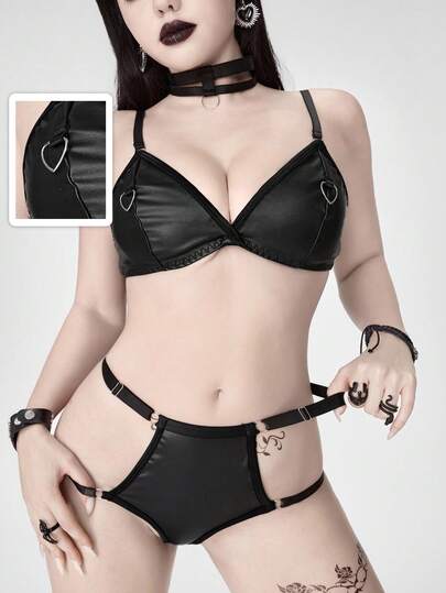Grunge Punk Set di reggiseno e slip in PU stile punk scuro con coppa a triangolo e fibbia metallica, set di lingerie sexy per donna