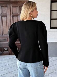 Chiquease Women's Elegant Commuter Solid Color Gigot Sleeve Jacket, Autumn - Black - View 2