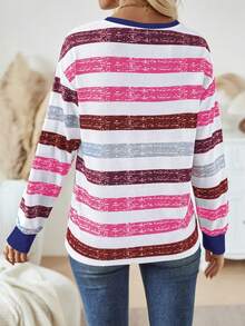 女士圆领长袖条纹休闲上衣，印花T恤，适合春季和圣诞节穿着。 - 彩色 - 查看 2