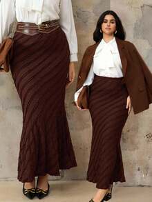 Roveilla Plus Size Jacquard Elastic Waist Slimming Mermaid Skirt, Autumn/Winter Abaya Dubai Musera Plus Size Women Long Skirt Long Brown Skirt Textured Brown Skirt Skirt With Belt Brown Maxi Skirt