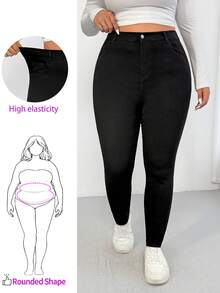 Enliva Plus Size Women High Waist Pockets Skinny Casual Versatile Jeans, For Apple Rounded Body Shape - Black - View 1