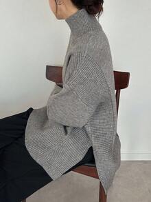 FRIFUL 女式纯色罗纹针织高领宽松休闲套头衫，侧开衩下摆，秋季 - 灰色 - 查看 1