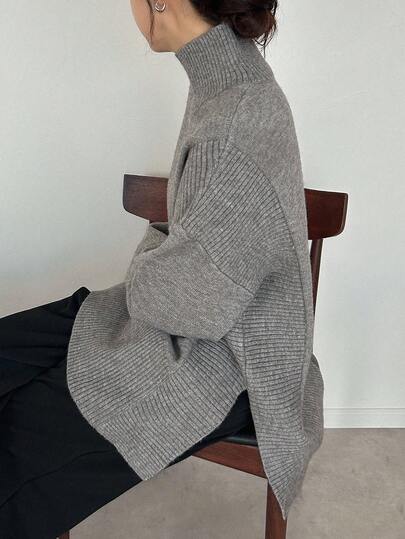 FRIFUL 女式纯色罗纹针织高领宽松休闲套头衫，侧开衩下摆，秋季